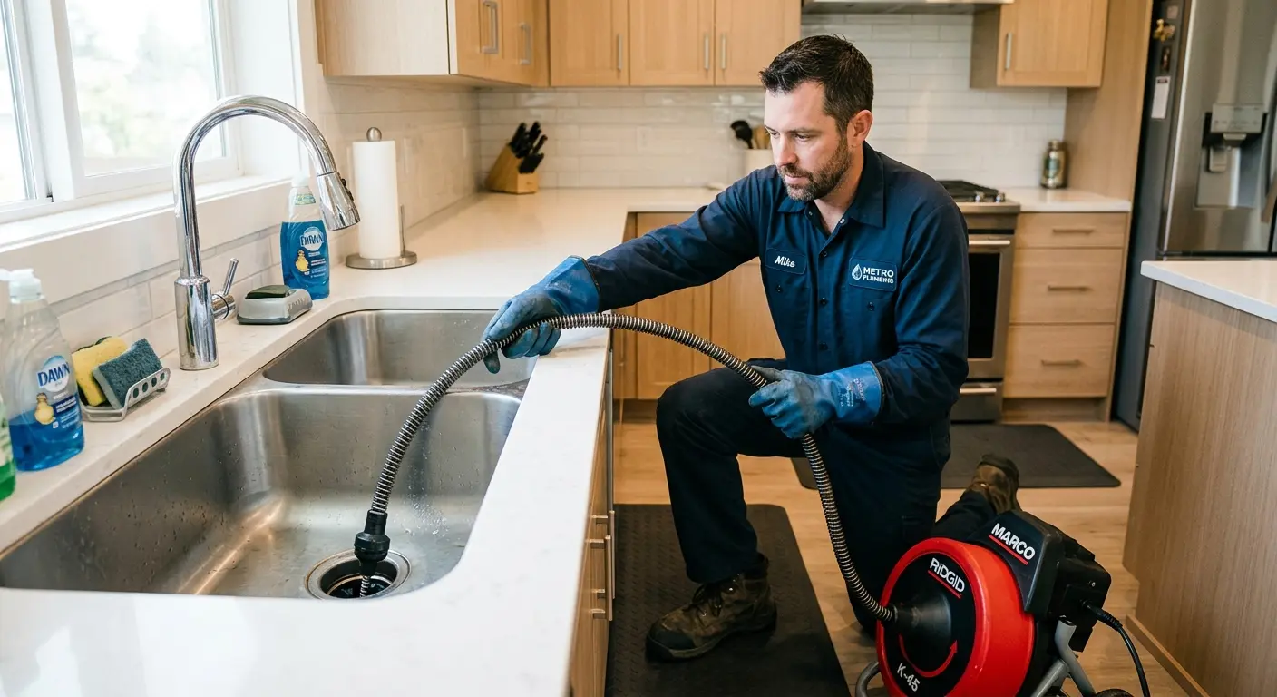 Drain cleaning technician using a motorized snake on a kitchen sink in Gentry