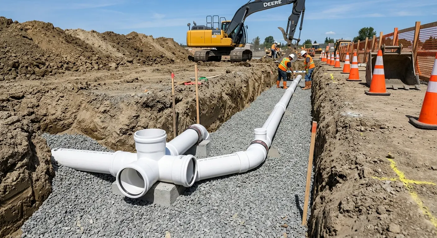 New PVC sewer pipe installation in open trench for Commercial Drain Cleaning in Gentry