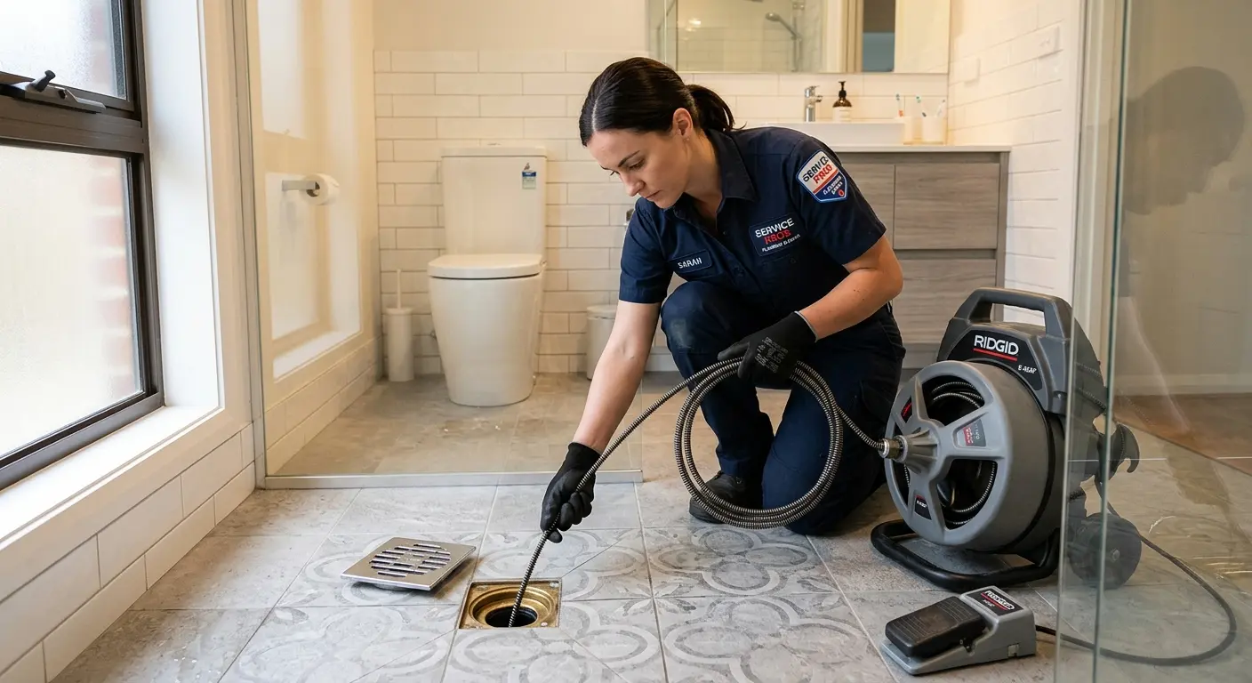 Technician clearing a bathroom floor drain for Hydro Jetting in Gentry